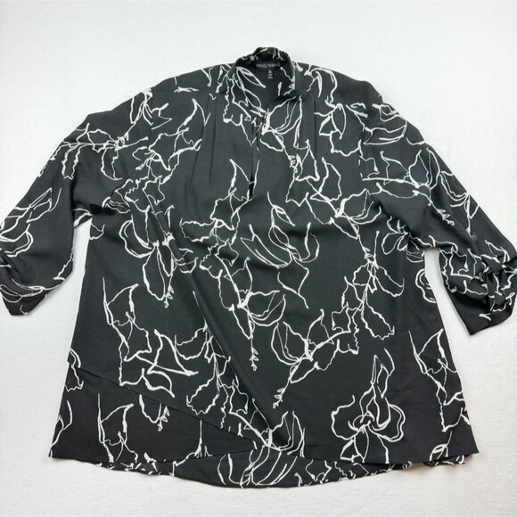 MING WANG Flroal Print‎ Roll Tab Sleeve Top Size XL Womens Black - Picture 1 of 10